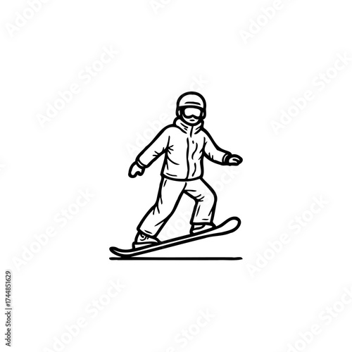 Stylized snowboarder gracefully sliding down mountain in a linear graphic evoking winter sports