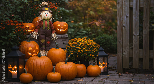 Outdoor Halloween pumpkin patch with glowing jack o lanterns, Festive fall yard display with scarecrow and decorative lanterns, Seasonal front porch decor with mums and dark background
