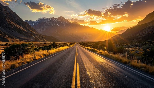 Sunlit Highway Leading to Majestic Mountains Under a Golden Sky in Sierra Nevada California United States