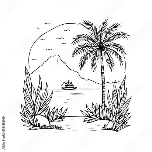 Tropical island seascape illustration showcases a sailing vessel amidst serene water and verdant