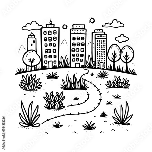 Urban landscape illustration featuring stylized buildings a winding path and playful clouds