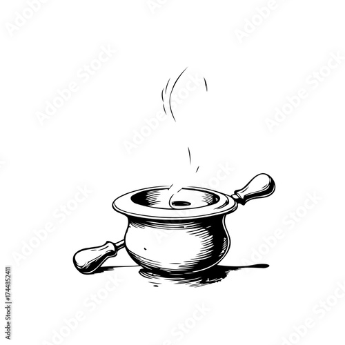 Vintage cooking pot illustration emitting steam creates a sense of culinary tradition and warmth