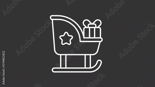 Animated sleigh with gift box white line icon. Christmas holiday traditions animation. Winter vehicle transports New Year present. Isolated element on dark background. Alpha transparent video