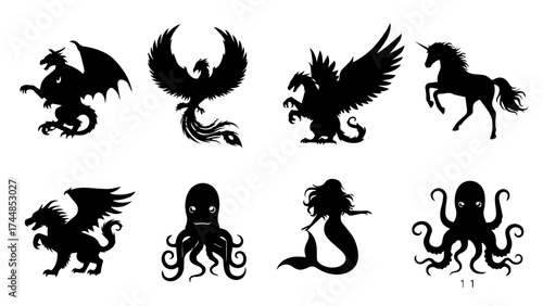 Mythical creatures silhouettes including dragon phoenix griffin unicorn winged horse octopus and mermaid in a fantasy black and white illustration