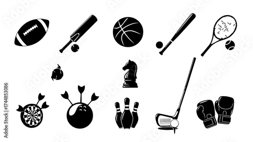 Assorted sports equipment arranged in a simple black and white vector illustration showcasing various athletic activities and recreational games for leisure