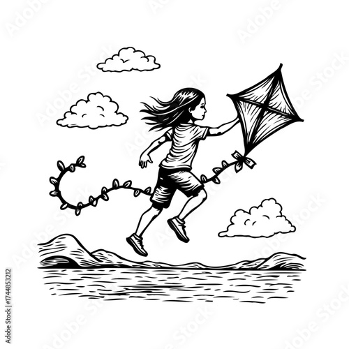 Whimsical child with kite soars above water drawing showcasing carefree joyful moments of