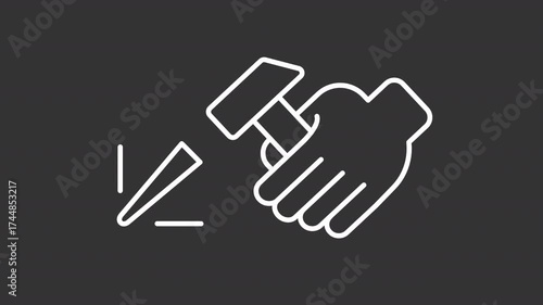 Animated hand with sculptor tools white line icon. Artist using hammer for art animation. Artwork carving process. Manual instruments. Isolated element on dark background. Alpha transparent video