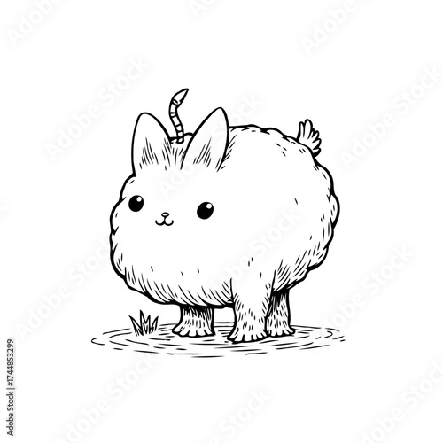 Whimsical creature illustration with fluffy body and small unicorn horn stands peacefully, a