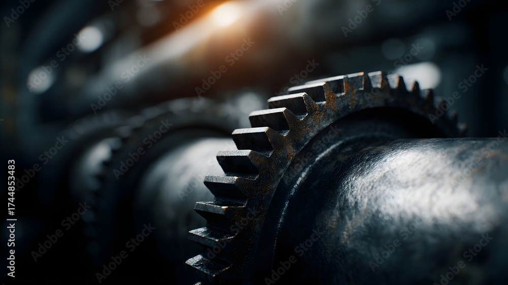 Fototapeta premium Close up of rusty industrial gears and shafts forming a mechanical system