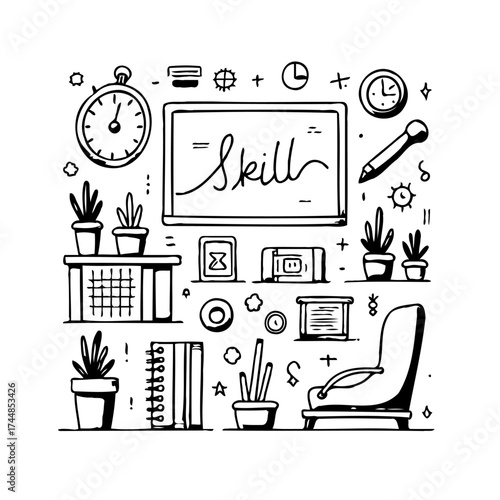 Whimsical doodle workspace featuring skill display clocks greenery and cozy chair for creative and