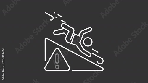 Animated person falling down from slope white line icon. Avalanche warning sign animation. Dangerous snowy areas. Winter season accidents. Isolated element on dark background. Alpha transparent video
