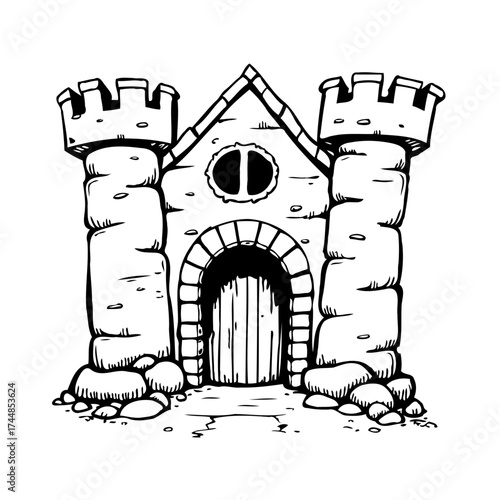 Whimsical fort illustration with detailed turrets and arched doorway creates a charming medieval