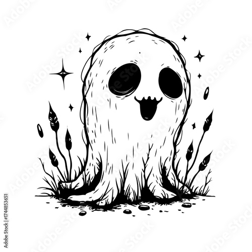 Whimsical ghost illustration surrounded by vegetation and shimmering celestial bodies in black and
