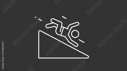 Animated person falling on slippery slope white line icon. Danger of accidents on icy surfaces animation. Warning to be careful. Isolated element on dark background. Alpha transparent video