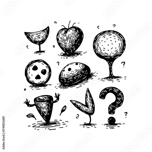 Whimsical Hand Drawn Black and White Illustration of Quirky and Abstract Objects Exploring Mystery