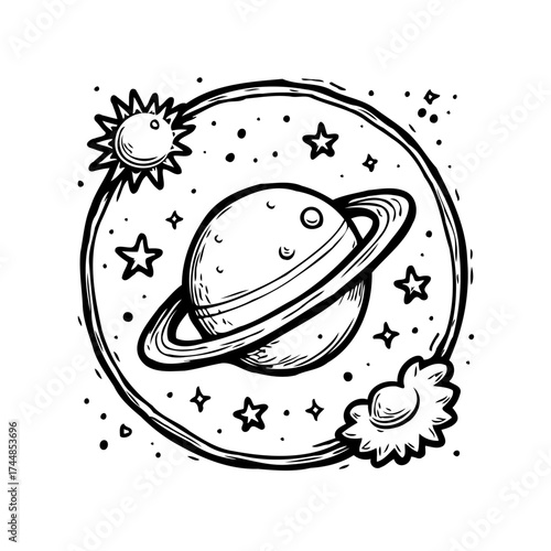 Whimsical galaxy sketch featuring a ringed planet surrounded by stars and a radiant sun element