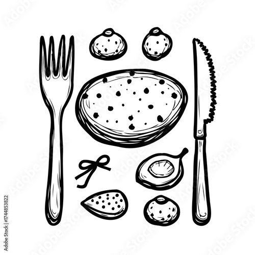 Whimsical hand-drawn sketch of a delectable spread featuring fruit flatbread with fork and knife