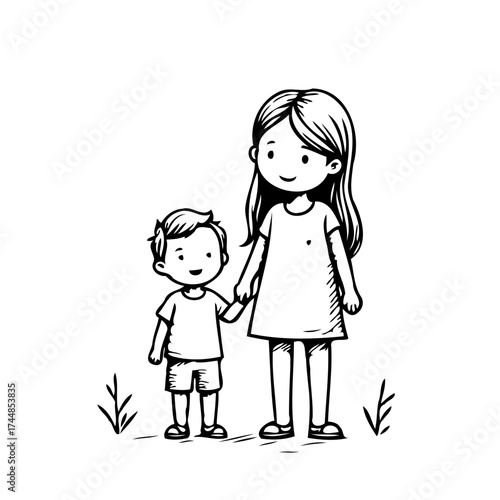 Whimsical illustration featuring loving siblings connected family togetherness warmth tender