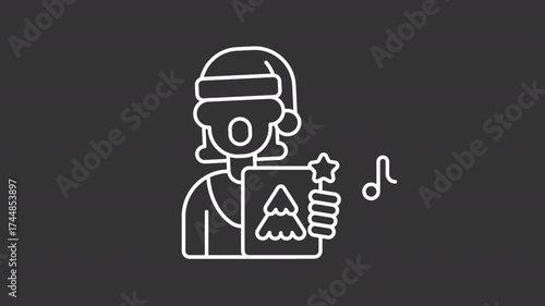 Animated woman singing carols white line icon. Female singer performing Christmas noels animation. Winter holiday tradition. Xmas fun. Isolated element on dark background. Alpha transparent video