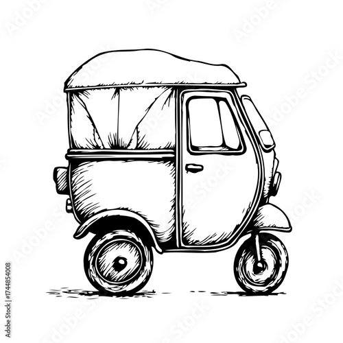 Whimsical journey depiction black outlined auto rickshaw vehicle detailed vintage styled tricycle