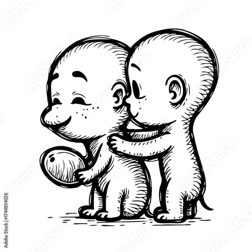 Whimsical ink illustration of two endearing creatures sharing a tender moment of embrace and