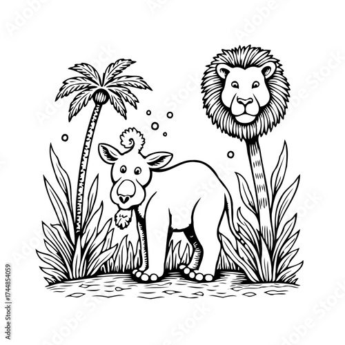 Whimsical jungle scene with an antelope-like creature lion palm tree foliage cartoon illustration