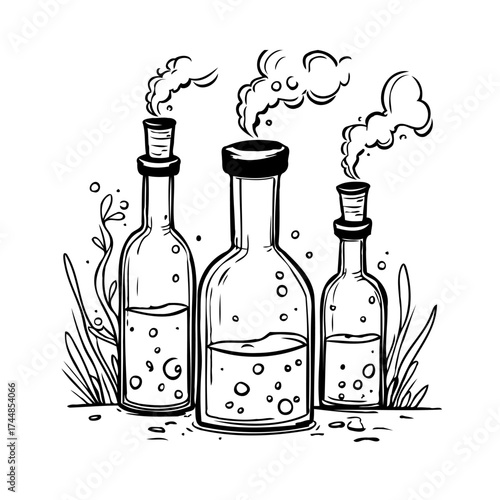 Whimsical laboratory still life displaying potion bottles with vapor emanating in a simple and