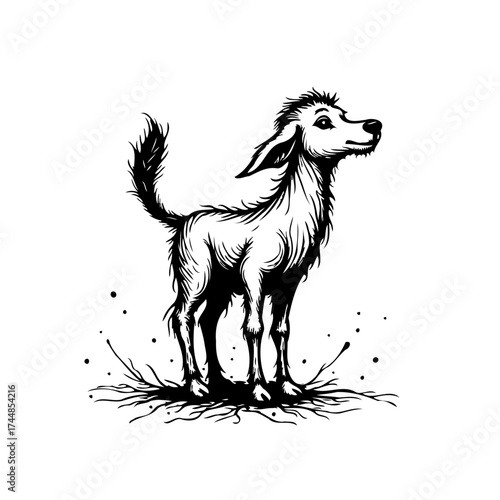 Whimsical monochrome drawing of a stylized goat calf in a minimalist design with fine line work