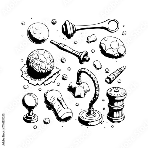 Whimsical monochrome illustration showcasing diverse oddities objects evoking a sense of quirky
