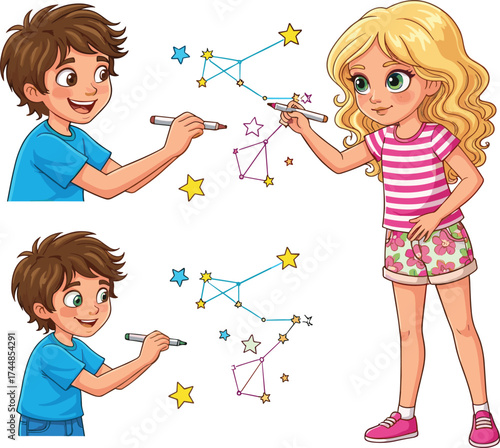 Children exploring star constellations, astronomy activity, teamwork learning, educational space illustration, kids connecting stars, science fun, cosmic drawing, classroom creativity