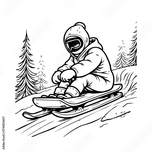 Winter adventure: Child enjoying sledding down snowy hills surrounded by evergreen trees in