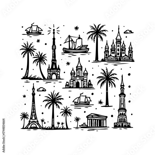 Worlds monuments destinations with palm trees and ships in black and white line art style