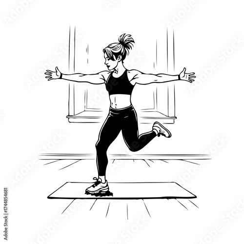 Woman training at home with an exercise routine focused on balance strength and coordination, a