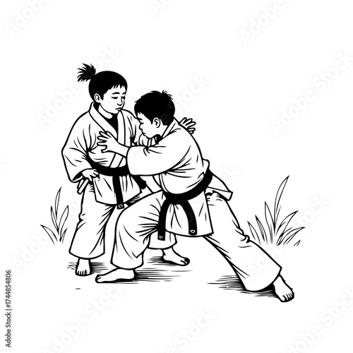 Young martial artists practicing throws and stances enhancing their skills showcasing movement and