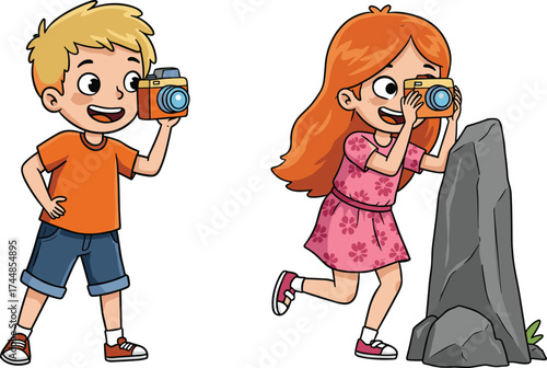 Children taking photos outdoors, kids with cameras, photography hobby, playful learning, nature exploration, teamwork, childhood activity, cartoon illustration, fun moment