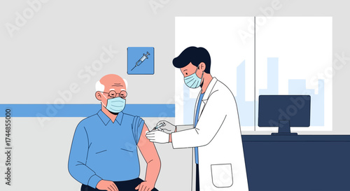 This flat design illustration shows an elderly man receiving a flu vaccination from a healthcare professional, emphasizing the importance of preventive health measures for seniors.