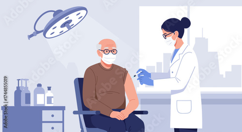 This flat design illustration shows an elderly man receiving a flu vaccination from a healthcare professional, emphasizing the importance of preventive health measures for seniors.