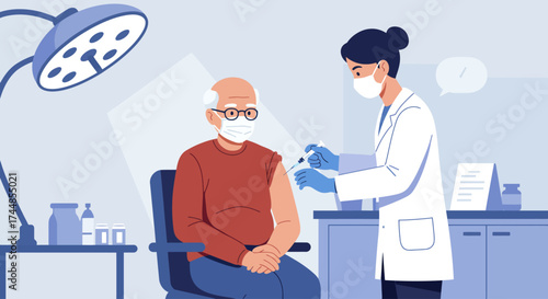 This flat design illustration shows an elderly man receiving a flu vaccination from a healthcare professional, emphasizing the importance of preventive health measures for seniors.