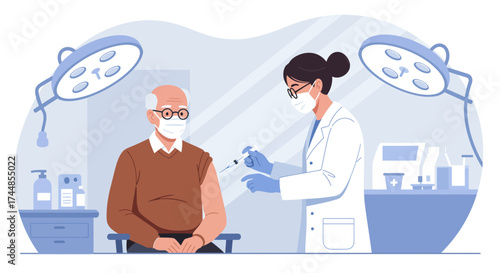 This flat design illustration shows an elderly man receiving a flu vaccination from a healthcare professional, emphasizing the importance of preventive health measures for seniors.