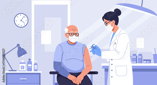 This flat design illustration shows an elderly man receiving a flu vaccination from a healthcare professional, emphasizing the importance of preventive health measures for seniors.