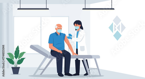 This flat design illustration shows an elderly man receiving a flu vaccination from a healthcare professional, emphasizing the importance of preventive health measures for seniors.