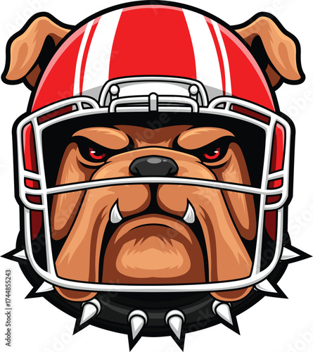 Illustration of a Bulldog Head wearing the American Football Helmet and Spiked Collar
