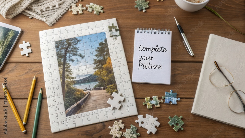 Naklejka premium Creative Workspace with Puzzle Pieces, Notepad, and Scenic Photo - Perfect for Artistic Projects and Inspiration