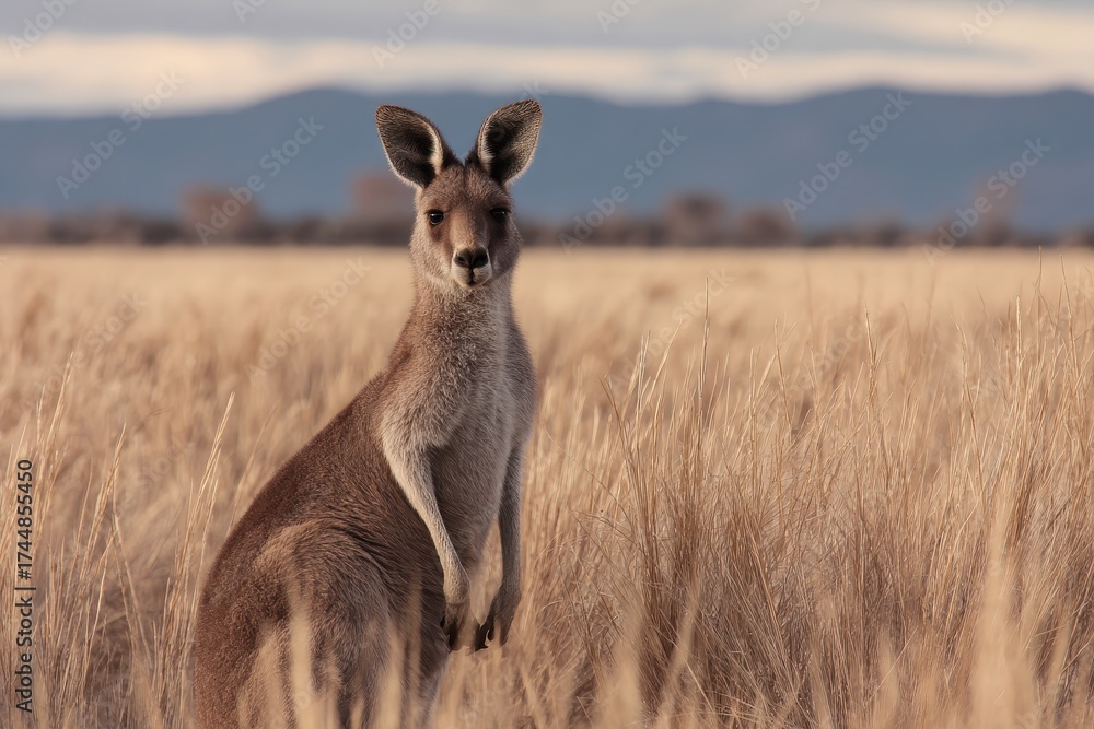 Fototapeta premium Kangaroo standing tall in an open field under soft sunlight with distant mountains in the background during late afternoon