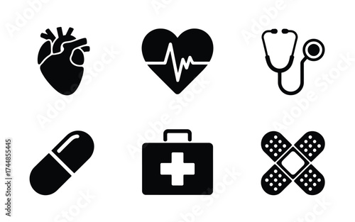 Set of six silhouette medical icons vector illustration scalable eps for healthcare graphics silhouette vector illustration white background