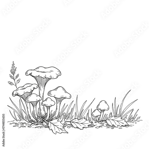 Horizontal text divider with hand-drawn chanterelle mushrooms and grass sketch