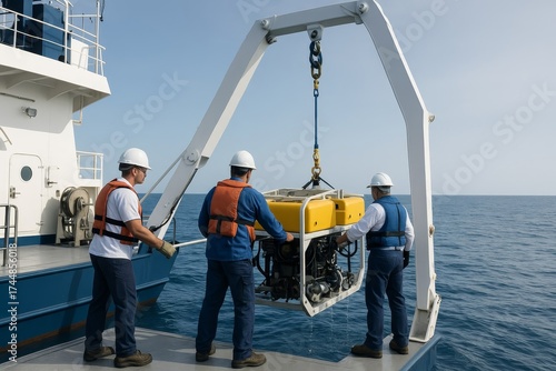 Dedicated marine professionals deploy specialized underwater equipment from a research vessel. They meticulously work to lower the essential yellow device into the deep blue sea.