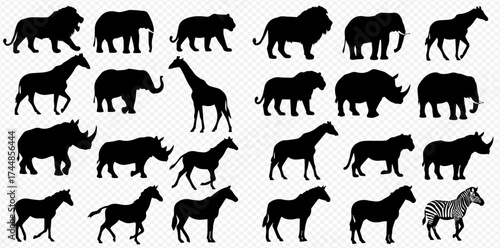 A collection of black silhouettes of various wild and domestic animals on a checkered background.