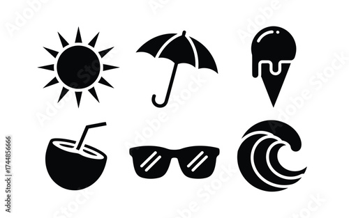 Set of six black silhouette summer icons scalable vector graphics for declarative eps files silhouette vector illustration white background