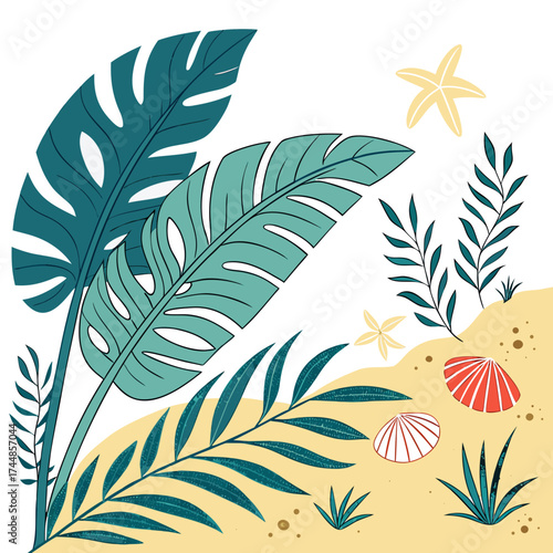 Tropical beach scene with monstera leaves palm fronds seashells and starfish on sandy shore